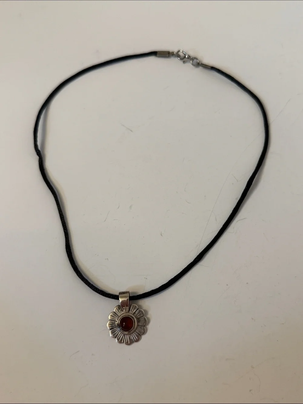 NECKLACE STERLING SILVER DAISY FLOWER PENDANT AMBER CENTER BLACK SILK CORD 17”
